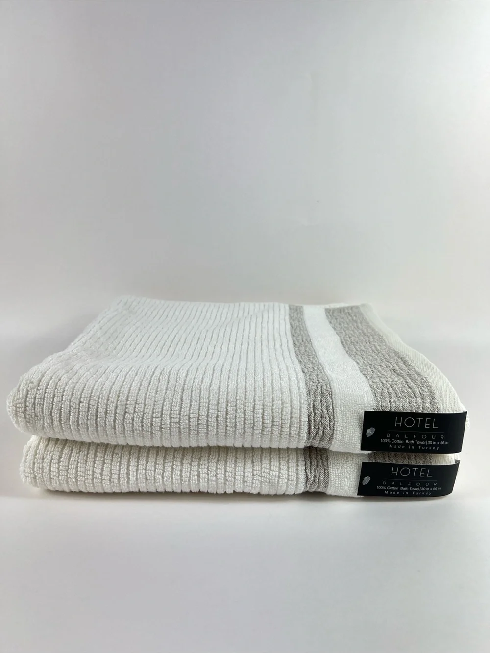 Hotel Balfour BathTowel Set White Tan Stripe Fringe Soft Turkish Cotton 2 Pc NEW